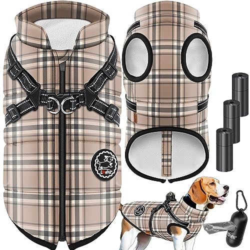 Lovpet® Hundejacke Hundemantel mit Geschirr, inkl. 45 Stück Kotbeutel + Spender, Hunde Winterweste gefüttert wasserdicht, Gepolsterte Weste Mit Brustgurt, Reflektoren, D-Ring 5XL, Beige von Lovpet