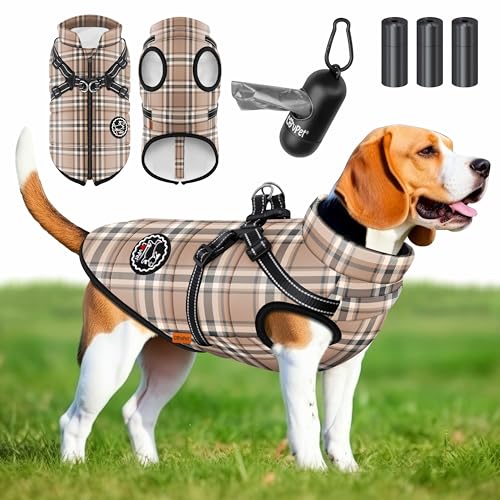 LOVPET® Hundejacke Hundemantel mit Geschirr, inkl. 45 Stück Kotbeutel + Spender, Hunde Winterweste gefüttert wasserdicht, Gepolsterte Weste Mit Brustgurt, Reflektoren, D-Ring 5XL, Beige von Lovpet