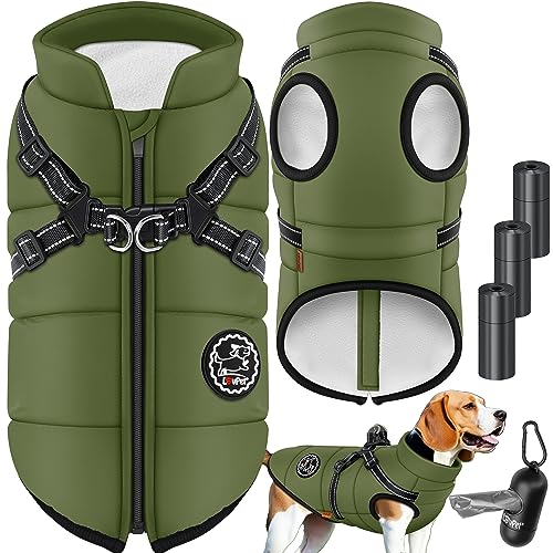 LOVPET® Hundejacke Hundemantel mit Geschirr, inkl. 45 Stück Kotbeutel + Spender, Hunde Winterweste gefüttert wasserdicht, Gepolsterte Weste Mit Brustgurt, Reflektoren, D-Ring 5XL, Khaki von Lovpet