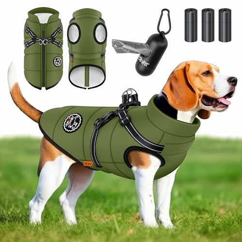 LOVPET® Hundejacke Hundemantel mit Geschirr, inkl. 45 Stück Kotbeutel + Spender, Hunde Winterweste gefüttert wasserdicht, Gepolsterte Weste Mit Brustgurt, Reflektoren, D-Ring 5XL, Khaki von Lovpet