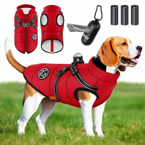 Lovpet® Hundejacke Hundemantel mit Geschirr, inkl. 45 Stück Kotbeutel + Spender, Hunde Winterweste gefüttert wasserdicht, Gepolsterte Weste Mit Brustgurt, Reflektoren, D-Ring L, Bordeaux Rot von Lovpet