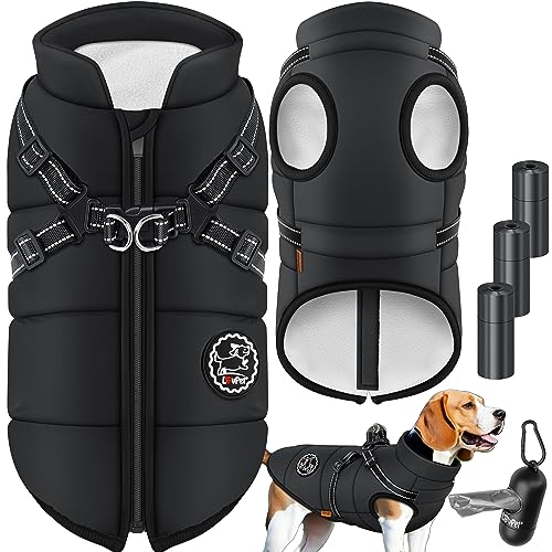 LOVPET® Hundejacke Hundemantel mit Geschirr, inkl. 45 Stück Kotbeutel + Spender, Hunde Winterweste gefüttert wasserdicht, Gepolsterte Weste Mit Brustgurt, Reflektoren, D-Ring M, Schwarz von Lovpet