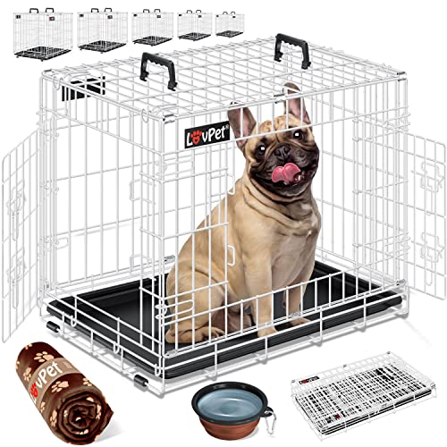 LOVPET® Hundekäfig klappbar Hundetransportkäfig Inkl. Fleecedecke + Napf Hundebox mit 2 Türen Transportkäfig Auto, Tiertransportbox Hundetransportbox mit Bodenschale 107 x 70 x 77,5 cm XL Weiß von Lovpet