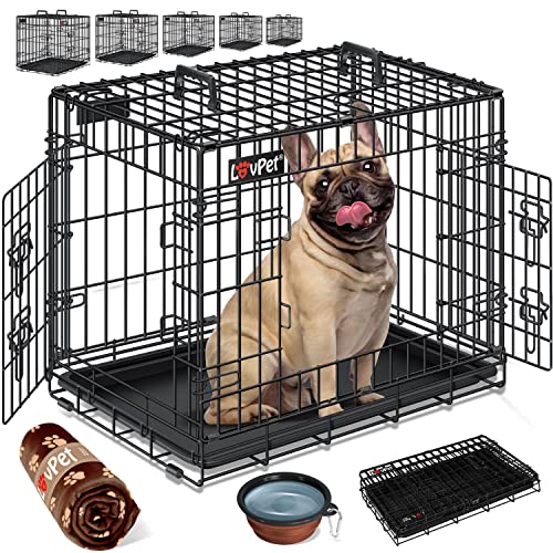 LOVPET® Hundekäfig klappbar Hundetransportkäfig Inkl. Fleecedecke + Napf Hundebox mit 2 Türen Transportkäfig Auto, Tiertransportbox Hundetransportbox mit Bodenschale 63 x 44 x 50,5 cm S Schwarz von Lovpet