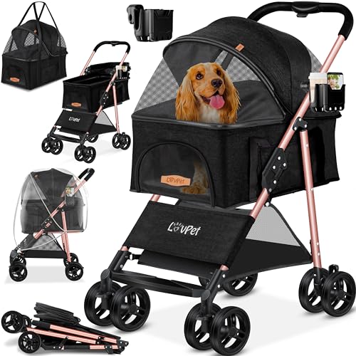 LOVPET® Hundewagen 2in1 Hundebuggy Hundebox Transporttasche Faltbar klappbar bis 20kg Haustiere Buggy mit Netzfenstern Getränkehalter, Regenschutzabdeckung & Kuscheldecke Jogger Buggy für Haustiere von Lovpet