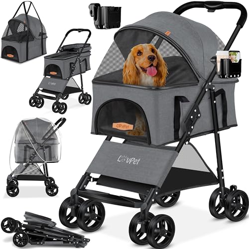 LOVPET® Hundewagen 2in1 Hundebuggy Hundebox Transporttasche Faltbar klappbar bis 20kg Haustiere Buggy mit Netzfenstern Getränkehalter & Regenschutzabdeckung Jogger Katzenbuggy für Hunde Katzen, von Lovpet