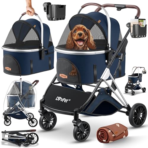 LOVPET® Hundewagen 3in1 Hundebuggy bis 20kg Hundebox Transporttasche faltbar klappbar Große Räder Netzfenstern Regenschutzabdeckung Getränkehalter Kuscheldecke Katzenbuggy Jogger Buggy für Haustiere von Lovpet