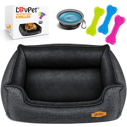 Lovpet® Hundebett Hundekissen Hundekorb Chiller, Inkl. Napf + 3X Kauknochen, Hundesofa Kissen für Kleine, Mittelgroße & Große Hunde, Bezug abnehmbar und waschbar, L 90 x 75 x 25 cm Anthrazit von Lovpet