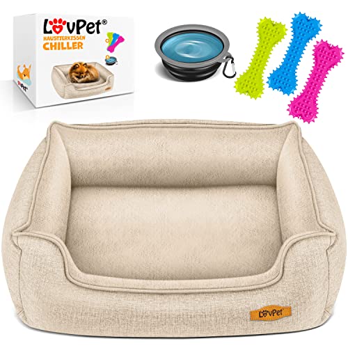 Lovpet® Hundebett Hundekissen Hundekorb Chiller, Inkl. Napf + 3X Kauknochen, Hundesofa Kissen für Kleine, Mittelgroße & Große Hunde, Bezug abnehmbar und waschbar, L 90 x 75 x 25 cm Beige von Lovpet