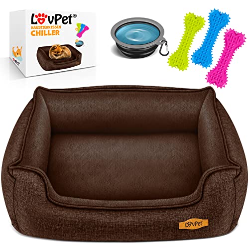 Lovpet® Hundebett Hundekissen Hundekorb Chiller, Inkl. Napf + 3X Kauknochen, Hundesofa Kissen für Kleine, Mittelgroße & Große Hunde, Bezug abnehmbar und waschbar, L 90 x 75 x 25 cm Braun von Lovpet