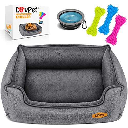 Lovpet® Hundebett Hundekissen Hundekorb Chiller, Inkl. Napf + 3X Kauknochen, Hundesofa Kissen für Kleine, Mittelgroße & Große Hunde, Bezug abnehmbar und waschbar, L 90 x 75 x 25 cm Grau von Lovpet