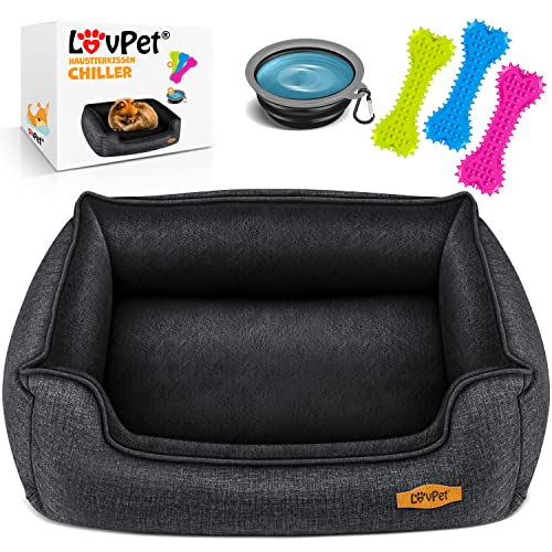 Lovpet® Hundebett Hundekissen Hundekorb Chiller, Inkl. Napf + 3X Kauknochen, Hundesofa Kissen für Kleine, Mittelgroße & Große Hunde, Bezug abnehmbar und waschbar, M 70 x 55 x 21 cm Anthrazit von Lovpet