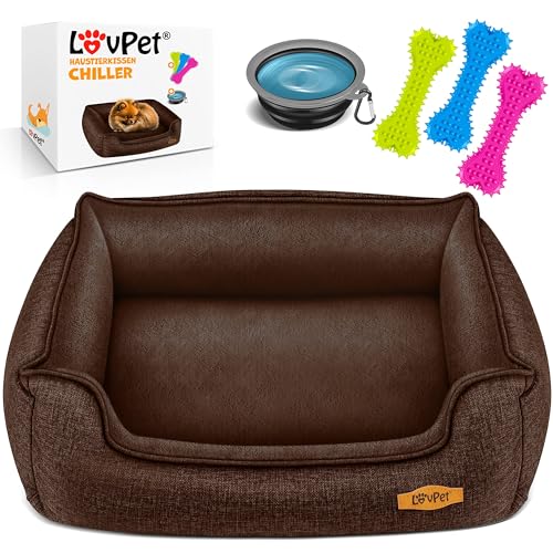 Lovpet® Hundebett Hundekissen Hundekorb Chiller, Inkl. Napf + 3X Kauknochen, Hundesofa Kissen für Kleine, Mittelgroße & Große Hunde, Bezug abnehmbar und waschbar, XL 110 x 75 x 27 cm Braun von Lovpet