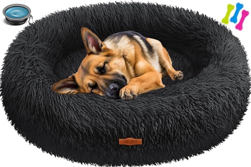 Lovpet® Hundebett Hundekissen Katzenbett Bagel, Waschbar, Inkl. Napf + 3X Kauknochen, Hundesofa flauschig Kissen Rund aus Plüsch für Kleine, Mittelgroße & Große Hunde, Katzen [3XL, Ø 100cm Schwarz] von Lovpet