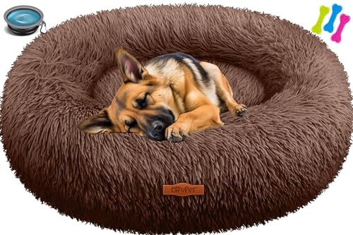 Lovpet® Hundebett Hundekissen Katzenbett Bagel, Waschbar, Inkl. Napf + 3X Kauknochen, Hundesofa flauschig Kissen Rund aus Plüsch für Kleine, Mittelgroße & Große Hunde, Katzen [3XL, Ø 100cm Braun] von Lovpet