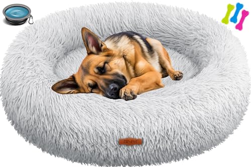 Lovpet® Hundebett Hundekissen Katzenbett Bagel, Waschbar, Inkl. Napf + 3X Kauknochen, Hundesofa flauschig Kissen Rund aus Plüsch für Kleine, Mittelgroße & Große Hunde, Katzen [3XL, Ø 100cm Hellgrau] von Lovpet