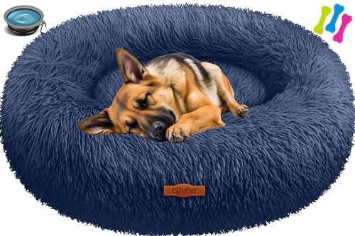 Lovpet® Hundebett Hundekissen Katzenbett Bagel, Waschbar, Inkl. Napf + 3X Kauknochen, Hundesofa flauschig Kissen Rund aus Plüsch für Kleine, Mittelgroße & Große Hunde, Katzen [3XL, Ø 100cm Navyblau] von Lovpet