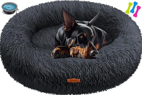 Lovpet® Hundebett Hundekissen Katzenbett Bagel, Waschbar, Inkl. Napf + 3X Kauknochen, Hundesofa flauschig Kissen Rund aus Plüsch für Kleine, Mittelgroße & Große Hunde, Katzen [4XL, Ø 120cm Anthrazit] von Lovpet