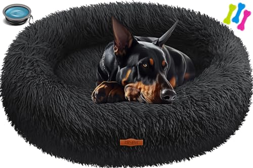 Lovpet® Hundebett Hundekissen Katzenbett Bagel, Waschbar, Inkl. Napf + 3X Kauknochen, Hundesofa flauschig Kissen Rund aus Plüsch für Kleine, Mittelgroße & Große Hunde, Katzen [4XL, Ø 120cm Schwarz] von Lovpet