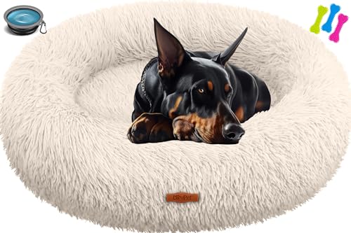 Lovpet® Hundebett Hundekissen Katzenbett Bagel, Waschbar, Inkl. Napf + 3X Kauknochen, Hundesofa flauschig Kissen Rund aus Plüsch für Kleine, Mittelgroße & Große Hunde, Katzen [4XL, Ø 120cm Beige] von Lovpet