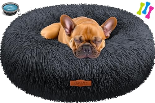 Lovpet® Hundebett Hundekissen Katzenbett Bagel, Waschbar, Inkl. Napf + 3X Kauknochen, Hundesofa flauschig Kissen Rund aus Plüsch für Kleine, Mittelgroße & Große Hunde, Katzen [L, Ø 60cm Anthrazit] von Lovpet