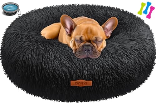 Lovpet® Hundebett Hundekissen Katzenbett Bagel, Waschbar, Inkl. Napf + 3X Kauknochen, Hundesofa flauschig Kissen Rund aus Plüsch für Kleine, Mittelgroße & Große Hunde, Katzen [L, Ø 60cm Schwarz] von Lovpet