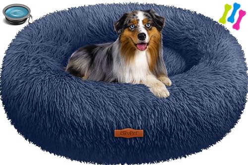 Lovpet® Hundebett Hundekissen Katzenbett Bagel, Waschbar, Inkl. Napf + 3X Kauknochen, Hundesofa flauschig Kissen Rund aus Plüsch für Kleine, Mittelgroße & Große Hunde, Katzen [XL, Ø 70cm Navyblau] von Lovpet