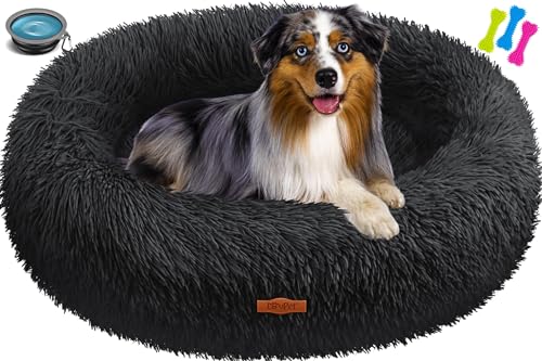 Lovpet® Hundebett Hundekissen Katzenbett Bagel, Waschbar, Inkl. Napf + 3X Kauknochen, Hundesofa flauschig Kissen Rund aus Plüsch für Kleine, Mittelgroße & Große Hunde, Katzen [XL, Ø 70cm Schwarz] von Lovpet