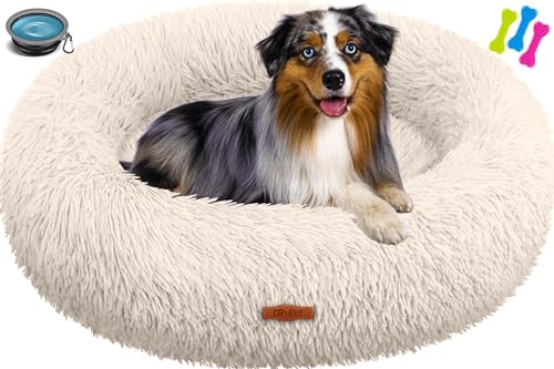 Lovpet® Hundebett Hundekissen Katzenbett Bagel, Waschbar, Inkl. Napf + 3X Kauknochen, Hundesofa flauschig Kissen Rund aus Plüsch für Kleine, Mittelgroße & Große Hunde, Katzen [XL, Ø 70cm Beige] von Lovpet