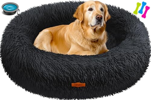 Lovpet® Hundebett Hundekissen Katzenbett Bagel, Waschbar, Inkl. Napf + 3X Kauknochen, Hundesofa flauschig Kissen Rund aus Plüsch für Kleine, Mittelgroße & Große Hunde, Katzen [XXL, Ø 80cm Schwarz] von Lovpet