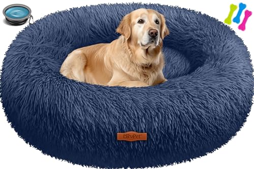 Lovpet® Hundebett Hundekissen Katzenbett Bagel, Waschbar, Inkl. Napf + 3X Kauknochen, Hundesofa flauschig Kissen Rund aus Plüsch für Kleine, Mittelgroße & Große Hunde, Katzen [XXL, Ø 80cm Navyblau] von Lovpet