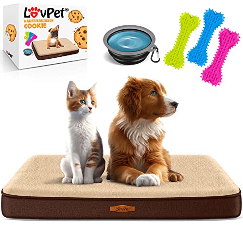 Lovpet® Hundebett orthopädisches Hundekissen Hundekorb Cookie, Inkl. Napf + 3X Kauknochen, Hundesofa für Kleine, Mittelgroße & Große Hunde, Bezug abnehmbar und waschbar, M 76x51x7,6 cm Braun von Lovpet