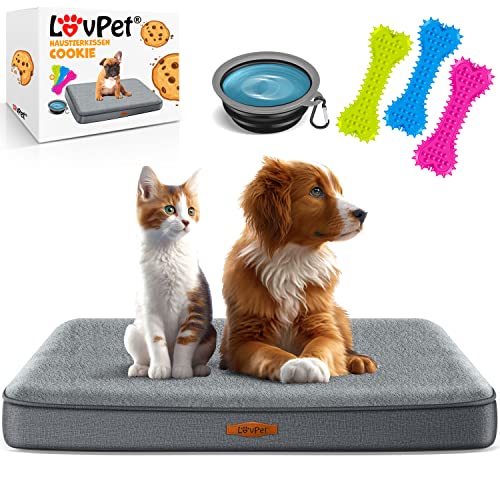 Lovpet® Hundebett orthopädisches Hundekissen Hundekorb Cookie, Inkl. Napf + 3X Kauknochen, Hundesofa für Kleine, Mittelgroße & Große Hunde, Bezug abnehmbar und waschbar, XL 112x81x7,6cm Anthrazit von Lovpet