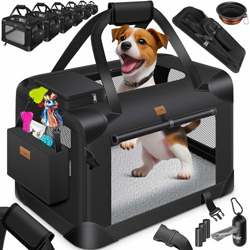 Lovpet® Transportbox Hund Katze Transporttasche M 60x42x42cm | Hunde-Tragetasche Faltbare Katzentasche | Haustier-Transportbox inkl. Hundenapf & Schultergurt | für Katzen & Hunde Schwarz von Lovpet