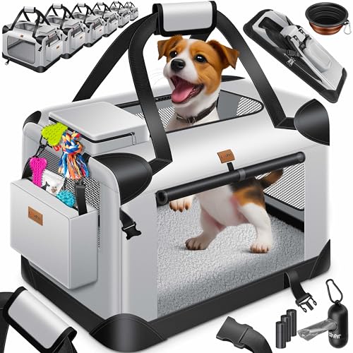 Lovpet® Transportbox Hund Katze Transporttasche XL 81,3x58,4x58,4cm | Hunde-Tragetasche Faltbare Katzentasche | Haustier-Transportbox inkl. Hundenapf & Schultergurt | für Katzen & Hunde Hellgrau von Lovpet