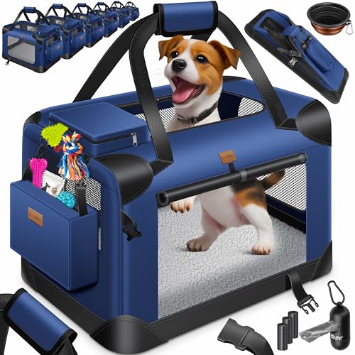 Lovpet® Transportbox Hund Katze Transporttasche XL 81,3x58,4x58,4cm | Hunde-Tragetasche Faltbare Katzentasche | Haustier-Transportbox inkl. Hundenapf & Schultergurt | für Katzen & Hunde Navyblau von Lovpet