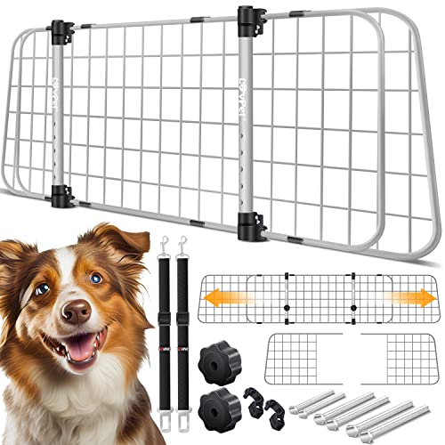 Lovpet® Hundegitter Auto, Autoschutzgitter Trenngitter Universal, verstellbare Breite, Kopfstütze Kofferraum Autogitter Maße 30 x 91-153 cm Kofferraumgitter + 2X Sicherheitsgurt für Hunde, Grau von Lovpet