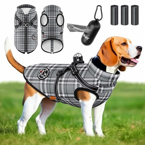 Lovpet® Hundejacke Hundemantel mit Geschirr, inkl. 45 Stück Kotbeutel + Spender, Hunde Winterweste gefüttert wasserdicht, Gepolsterte Weste Mit Brustgurt, Reflektoren, D-Ring 4XL, Grau von Lovpet