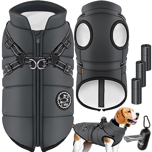 LOVPET® Hundejacke Hundemantel mit Geschirr, inkl. 45 Stück Kotbeutel + Spender, Hunde Winterweste gefüttert wasserdicht, Gepolsterte Weste Mit Brustgurt, Reflektoren, D-Ring 5XL, Anthrazit von Lovpet