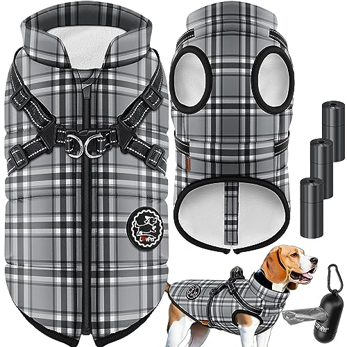 Lovpet® Hundejacke Hundemantel mit Geschirr, inkl. 45 Stück Kotbeutel + Spender, Hunde Winterweste gefüttert wasserdicht, Gepolsterte Weste Mit Brustgurt, Reflektoren, D-Ring 5XL, Grau von Lovpet