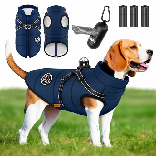 LOVPET® Hundejacke Hundemantel mit Geschirr, inkl. 45 Stück Kotbeutel + Spender, Hunde Winterweste gefüttert wasserdicht, Gepolsterte Weste Mit Brustgurt, Reflektoren, D-Ring L, Navyblau von Lovpet