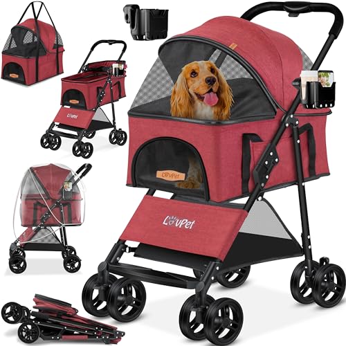 Lovpet® Hundewagen 2in1 Hundebuggy Hundebox Transporttasche Faltbar klappbar bis 20kg Haustiere Buggy mit Netzfenstern Getränkehalter & Regenschutzabdeckung Jogger Katzenbuggy für Hunde Katzen, von Lovpet