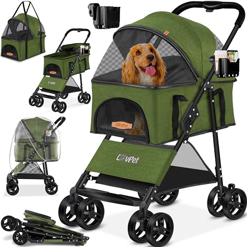 Lovpet® Hundewagen 2in1 Hundebuggy Hundebox Transporttasche Faltbar klappbar bis 20kg Haustiere Buggy mit Netzfenstern Getränkehalter, Regenschutzabdeckung & Kuscheldecke Jogger Buggy für Haustiere von Lovpet