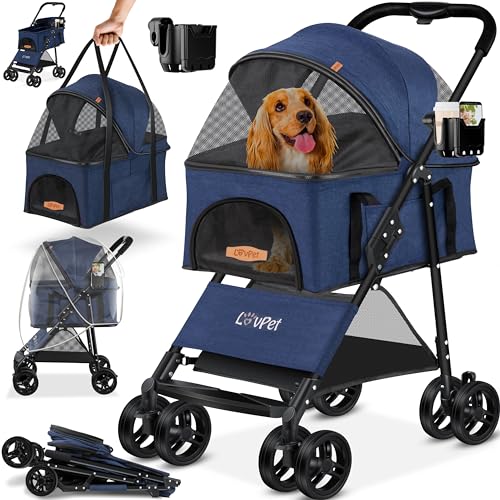 LOVPET® Hundewagen 2in1 Hundebuggy Hundebox Transporttasche Faltbar klappbar bis 20kg Haustiere Buggy mit Netzfenstern Getränkehalter & Regenschutzabdeckung Jogger Katzenbuggy für Hunde Katzen, von Lovpet