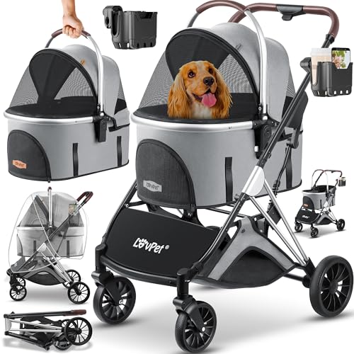 LOVPET® Hundewagen 3in1 Hundebuggy bis 20kg Hundebox Transporttasche faltbar klappbar Große Räder Netzfenstern Regenschutzabdeckung Getränkehalter Kuscheldecke Katzenbuggy Jogger Buggy für Haustiere von Lovpet