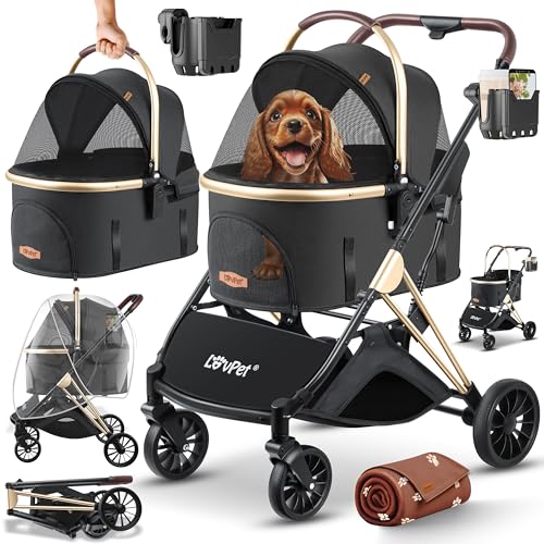 Lovpet® Hundewagen 3in1 Hundebuggy bis 20kg Hundebox Transporttasche faltbar klappbar Große Räder Netzfenstern Regenschutzabdeckung Becherhalter Kuscheldecke Katzenbuggy Jogger Buggy für Haustiere von Lovpet