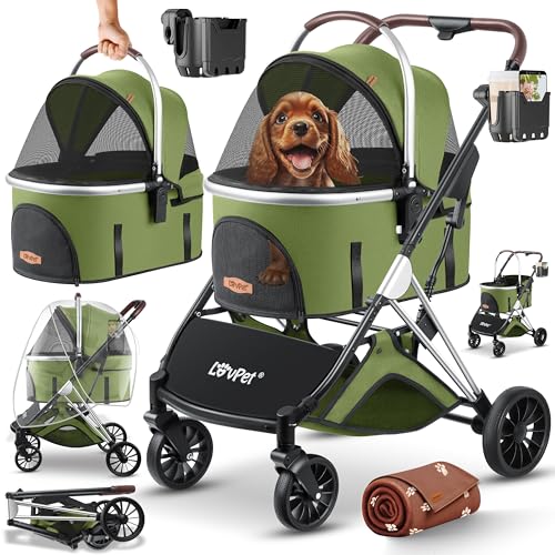 LOVPET® Hundewagen 3in1 Hundebuggy bis 20kg Hundebox Transporttasche faltbar klappbar Große Räder Netzfenstern Regenschutzabdeckung Getränkehalter Kuscheldecke Katzenbuggy Jogger Buggy für Haustiere von Lovpet