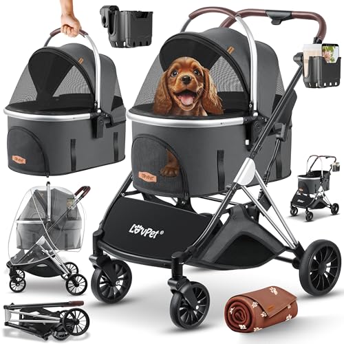 Lovpet® Hundewagen 3in1 Hundebuggy bis 20kg Hundebox Transporttasche faltbar klappbar Große Räder Netzfenstern Regenschutzabdeckung Becherhalter Kuscheldecke Katzenbuggy Jogger Buggy für Haustiere von Lovpet