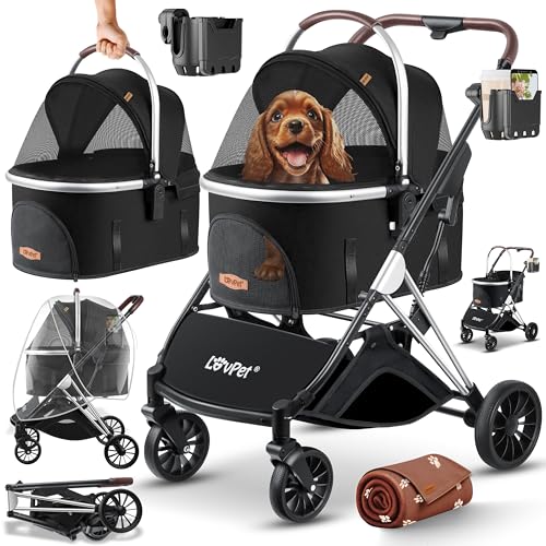 Lovpet® Hundewagen 3in1 Hundebuggy bis 20kg Hundebox Transporttasche faltbar klappbar Große Räder Netzfenstern Regenschutzabdeckung Becherhalter Kuscheldecke Katzenbuggy Jogger Buggy für Haustiere von Lovpet