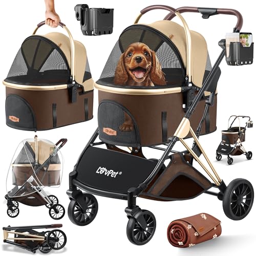 Lovpet® Hundewagen 3in1 Hundebuggy bis 20kg Hundebox Transporttasche faltbar klappbar Große Räder Netzfenstern Regenschutzabdeckung Getränkehalter Kuscheldecke Katzenbuggy Jogger Buggy für Haustiere von Lovpet